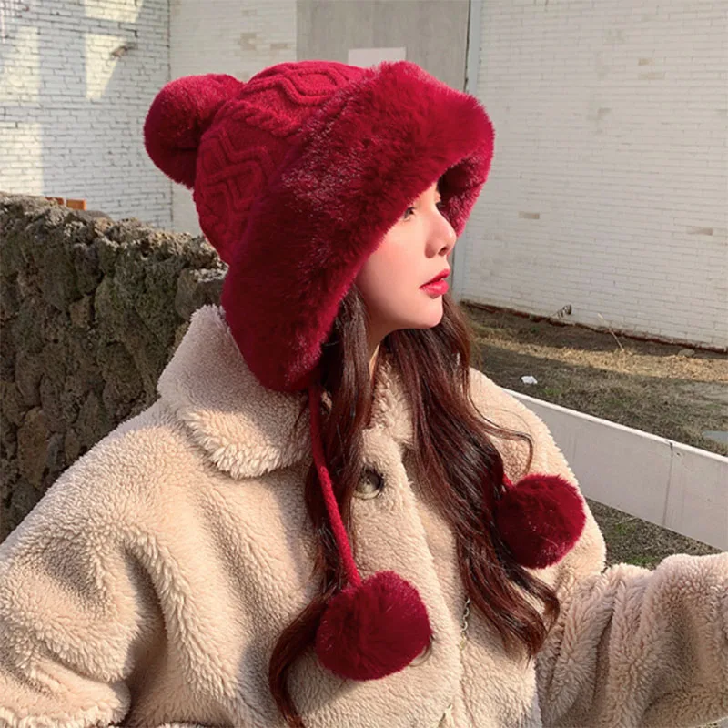 

Bucket hat Women's cap hair accessories Winter Knitting protection hats pompom girl women's fashion 2021new kawaii