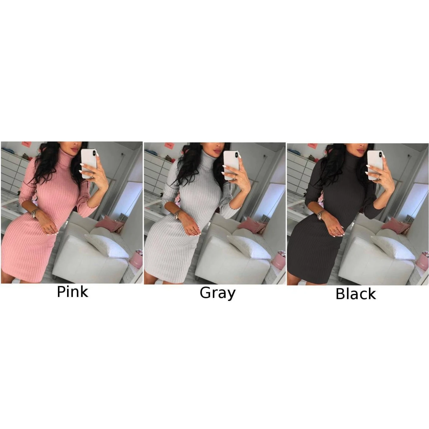 

Womens Casual Long Sleeves Bodycon Dress High Neck Knitwear Pullover Dresses