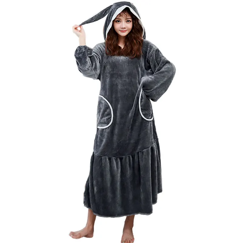 

Cute Cartoon Women Nightgown Warm Winter Flannel Nightgowns Full Sleeve Hooded Nightdress Casual Homewear