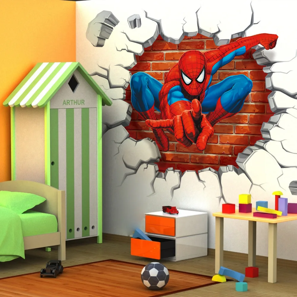 Hot 3d Hole 45*50cm Cartoon Movie Spiderman Wall Stickers For Kids Rooms Boys Gifts Through Wall Decals Home Decor Posters