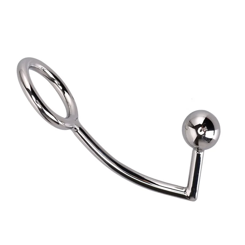 

40mm 45mm 50mm for choose Anal plug Ball on Angled butt hook with penis ring fetish cock chastity Stainless Steel adult sex toys