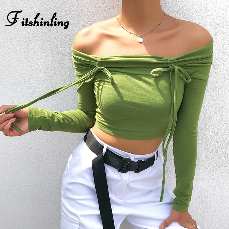 Облегающий укороченный топ с бантом и открытыми плечами зеленая тонкая женская