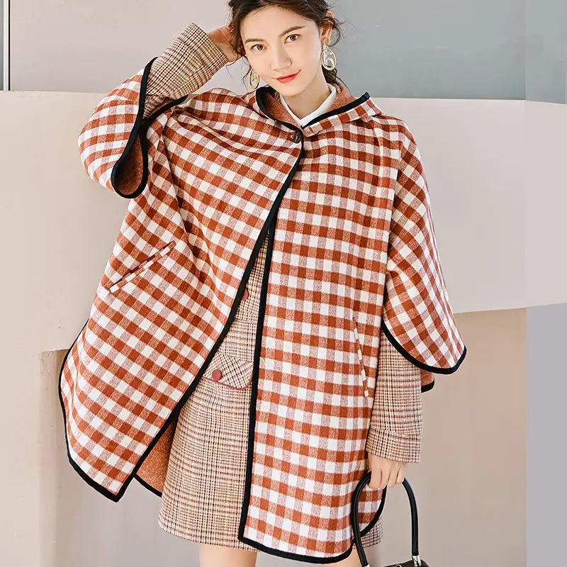 

women's Double sided Hooded Coat autumn and winter 2019 new European and American women's mid long Plaid Wool Coat