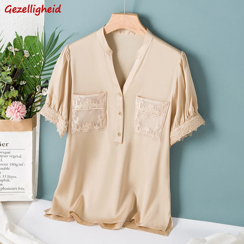 

Gezelligheid Silk Shirts Women 2021 Pocket Embroidered Shirt Temperament Short Sleeve V-Neck 100% Natural Mulberry Silk Blouse