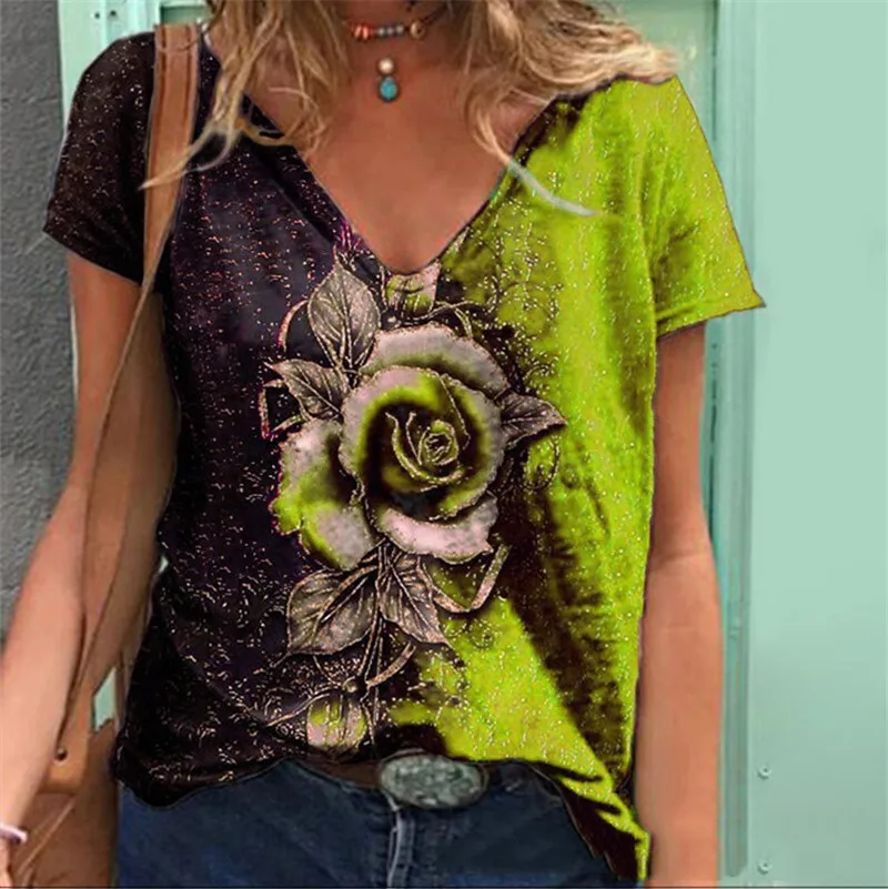 

3D Rose Flower Print Women T Shirt 2021 New Summer Casual Short Sleeve V-Neck Loose Oversized Tops Ladies Large Size 5XL Clothes