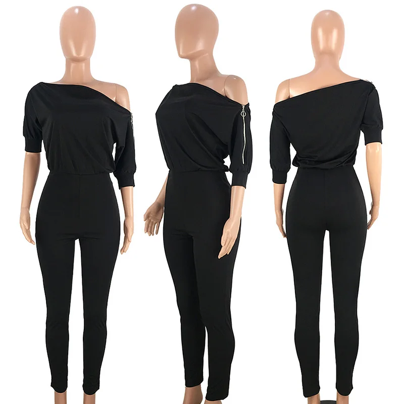 

Casual Slash Neck Off Shoulder Jumpsuits Size Zipper Soild Color Long Rompers Womens Jumpsuit Overalls