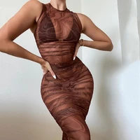 striped mesh print tight vest dress women high street clothing 2021 summer sexy internet famous sexy hot girl outfit