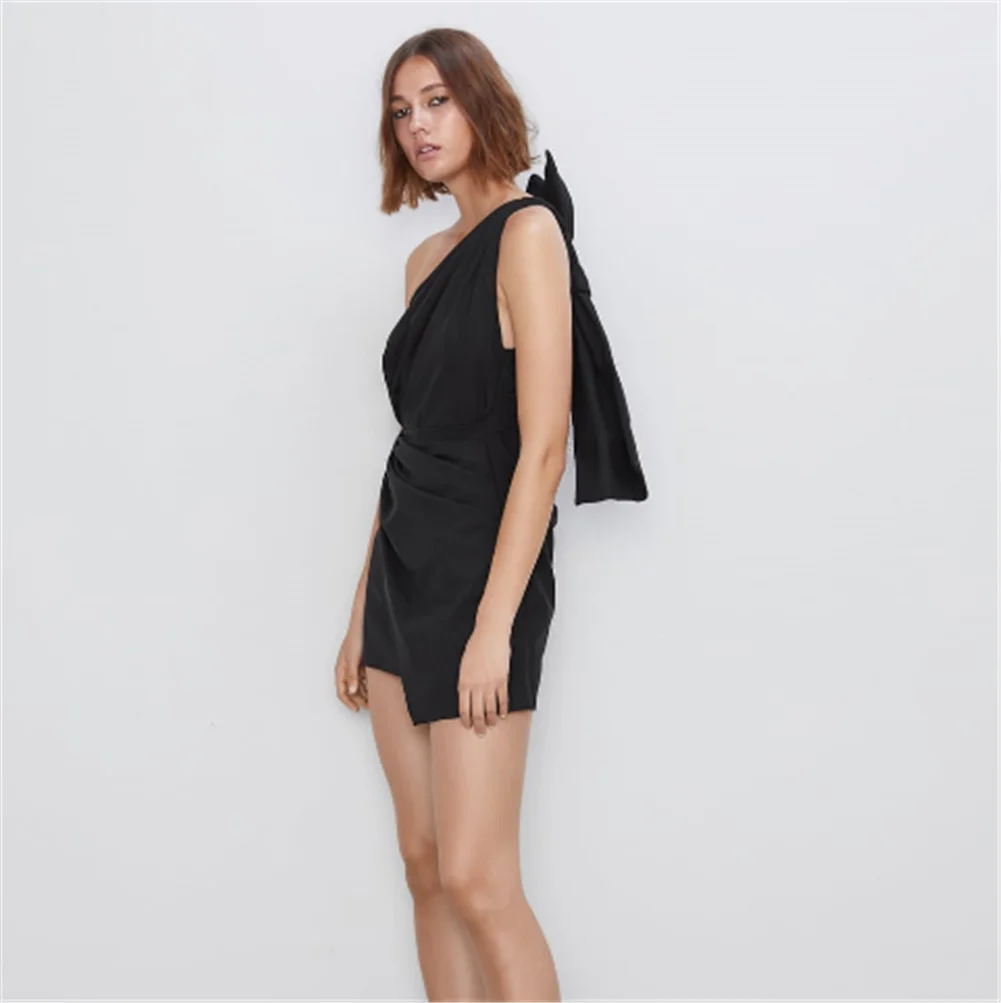 Женское мини платье с бантом ZA весеннее в стиле бохо асимметричным воротником и