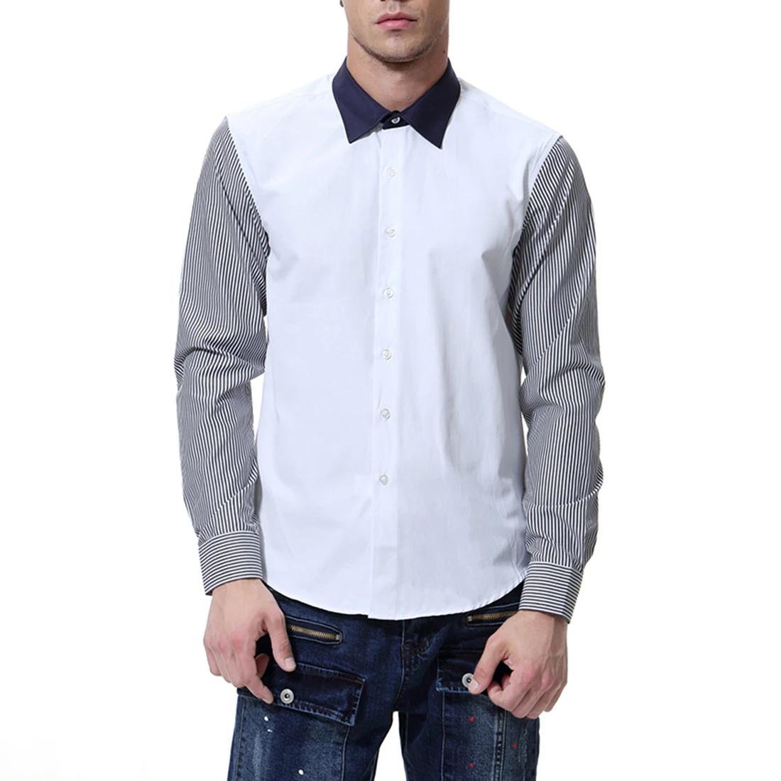 

New Autumn 2021 Striped Sleeves and Contrast Color Mens Shirts