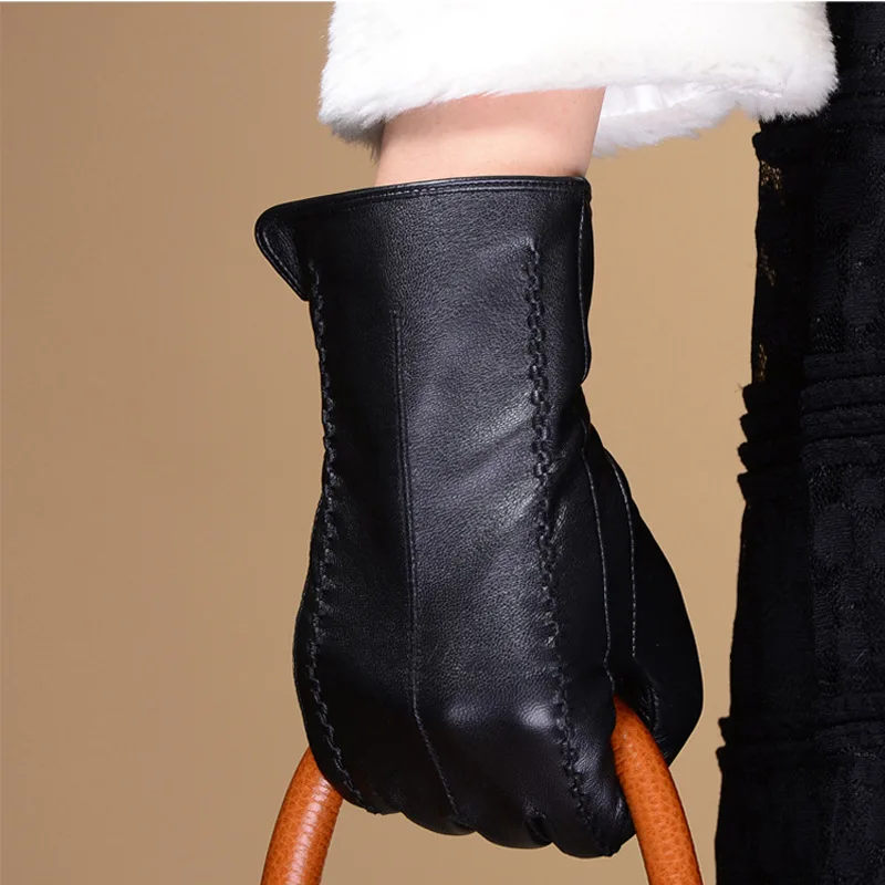 

Brand genuine sheepskin leather gloves. Ruffled women's winter coral fleece warm gloves. Cycling finger gloves