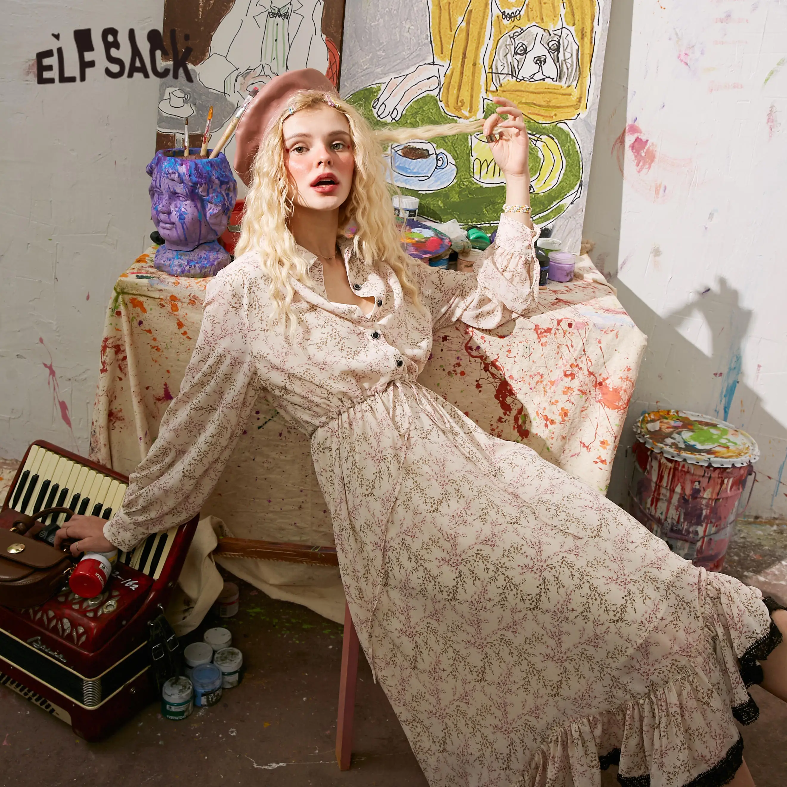 Женское шифоновое платье с асимметричным подолом ELFSACK бежевое Повседневное