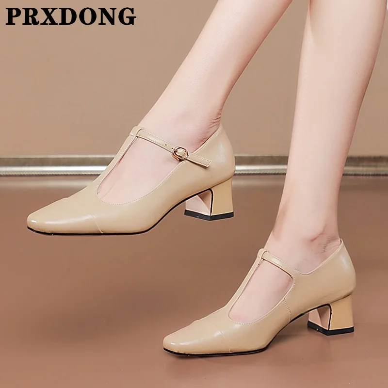 

New Basic Women Pumps Genuine Leather Square Heels T-Strap Shoes Woman Casual Concise Dress Party Pumps Retro Concise Shoes 39