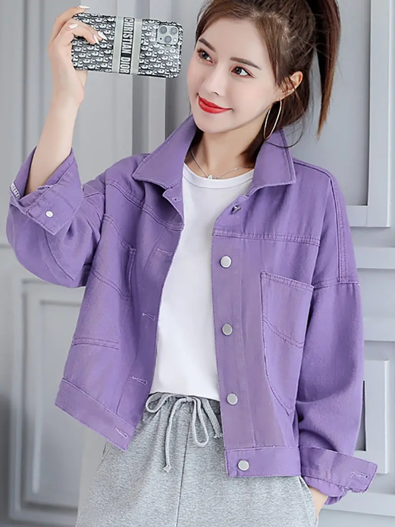

Женская джинсовая куртка, фиолетовая свободная короткая куртка в Корейском стиле, тонкая повседневная куртка, модель K917 на весну и осень, 2020