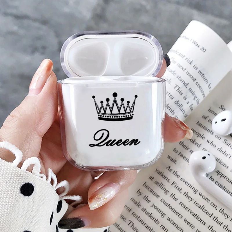 Милое воздушное стручки чехол для Apple airpods Чехол класса люкс King queen Корона Bluetooth наушники чехол для Airpods 2 прозрачный жесткий поликарбонатный чехол