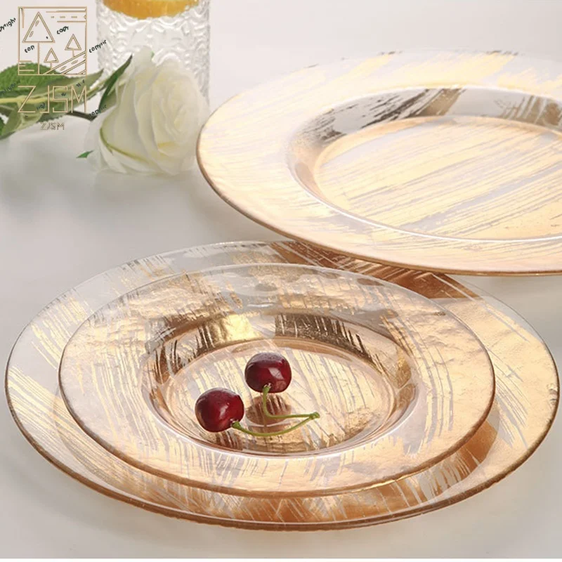 

Tableware Dish And Plates Sets Creative Electroplating Glass Home Golden Polished Wedding Hotel Meal Western Steak Dinner Plate