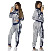 autumn and winter high quality womens trousers set letter zipper coat fashion leisure sports blue outdoor two piece set