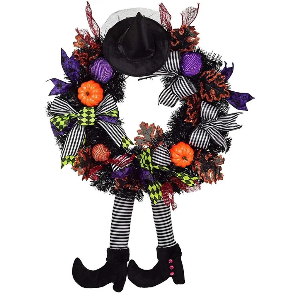 

Halloween Party Decor Door Wreath Garland Outdoor Yard Decor Props Pumpkin Witch Halloween Witch Hat Leg Pumpkin Door Wreath
