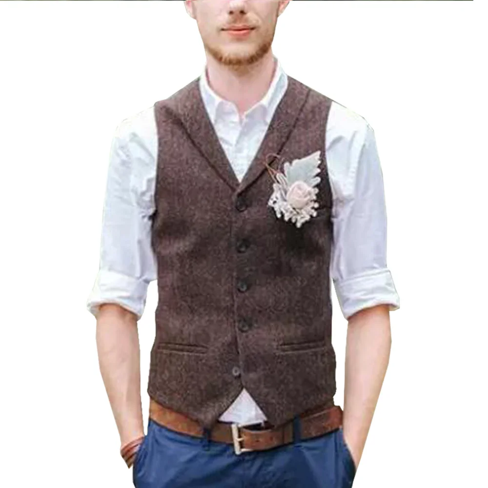 

2020 Brown Groom Vests Tweed Wool Herringbone Groomsmen Vests British Style Mens Suit Waistcoat For Wedding