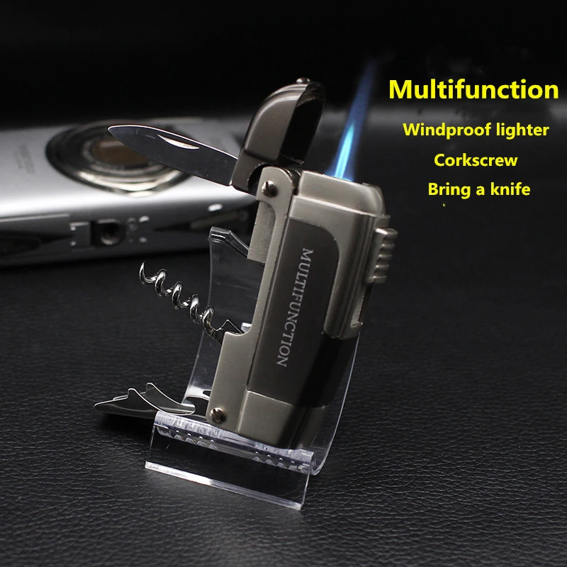 

Creative Metal Multi-function Lighter Blue Flame Straight Windproof Lighter Bottle Opener With Knife Men's Smoking Accessories