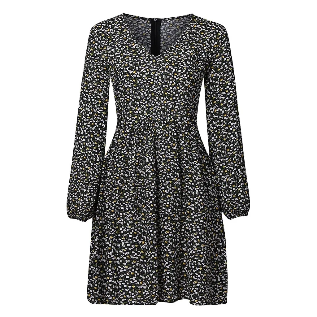 Женское платье с v образным вырезом и цветочным принтом длинный рукав