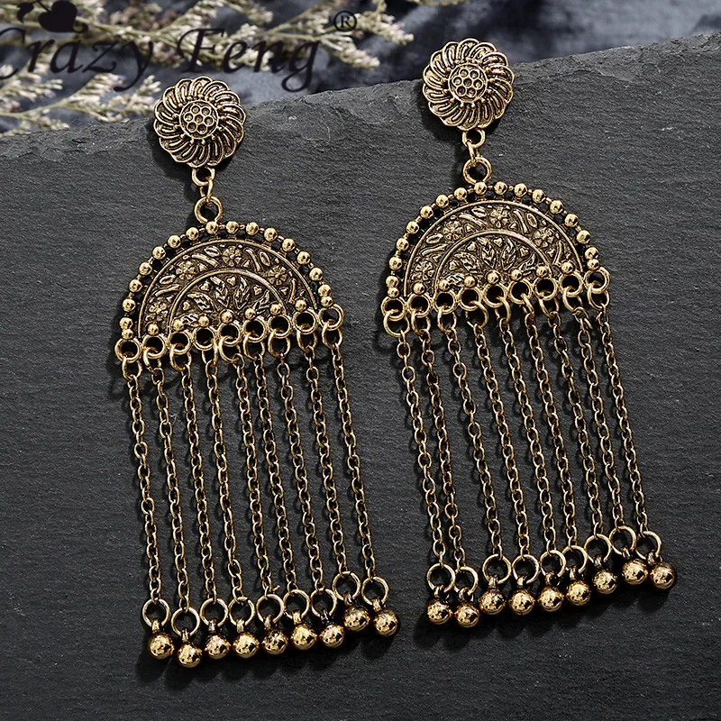 Crazy Feng винтажные металлические длинные висячие серьги ручной работы с кисточками