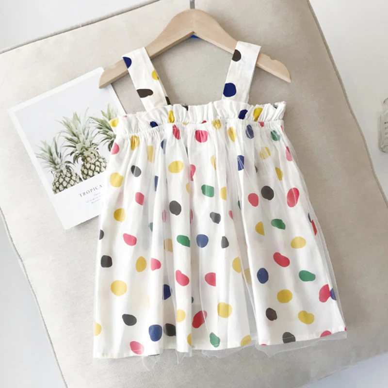 

New Summer Dress Children's Sleeveless Multicolor Dot Printing Princess Dress Cute Sling Mesh Stitching Kids Clothes Girls Dress