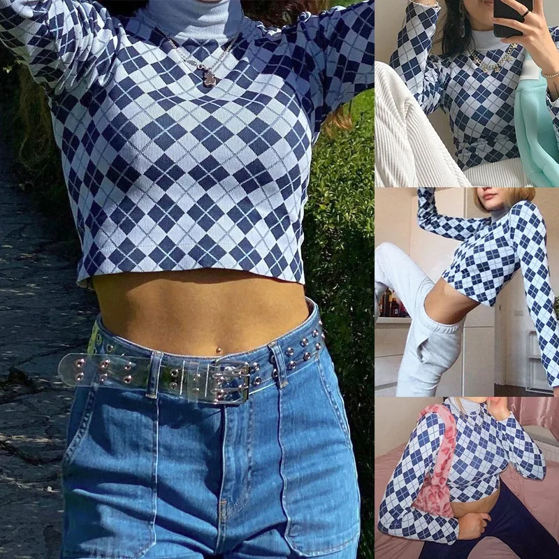 

Long Sleeve O-Neck Vintage Argyle Print Ribbed T Shirt Top Women Fashion Streetwear Casual Clothes