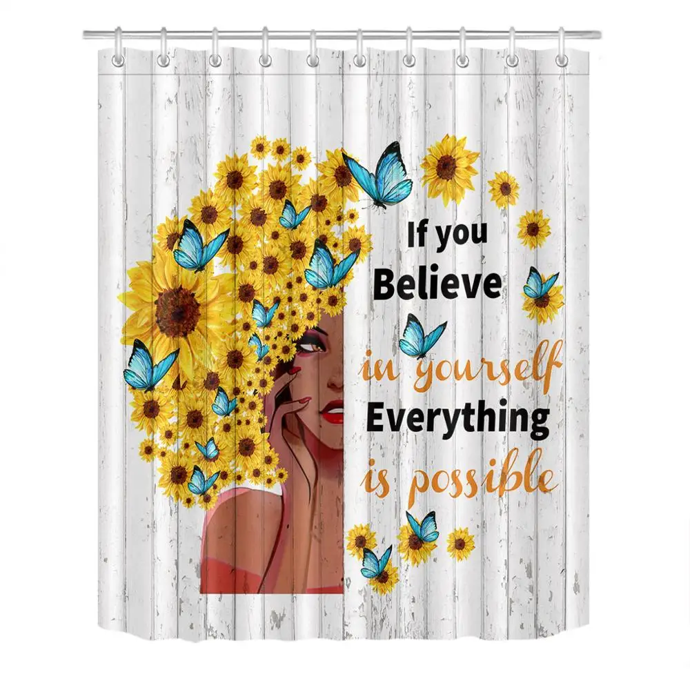 African Women Black Girl Shower Curtain Sunflowers Butterflies Vintage Wooden Board for Bathroom with Hooks | Дом и сад