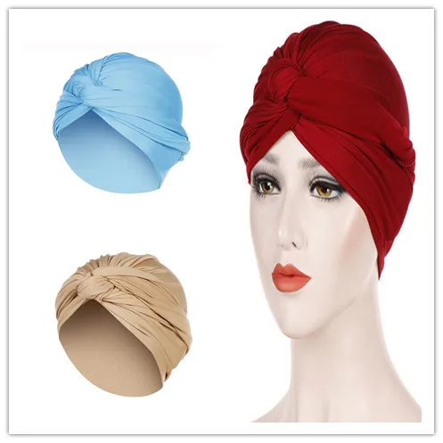 

Cross Knot Women Turban Hat Muslim Hijab Cap Solid Color Head Wrap Cover Scarf India Hat Elastic Beanie Chemo Hats Hot Sale