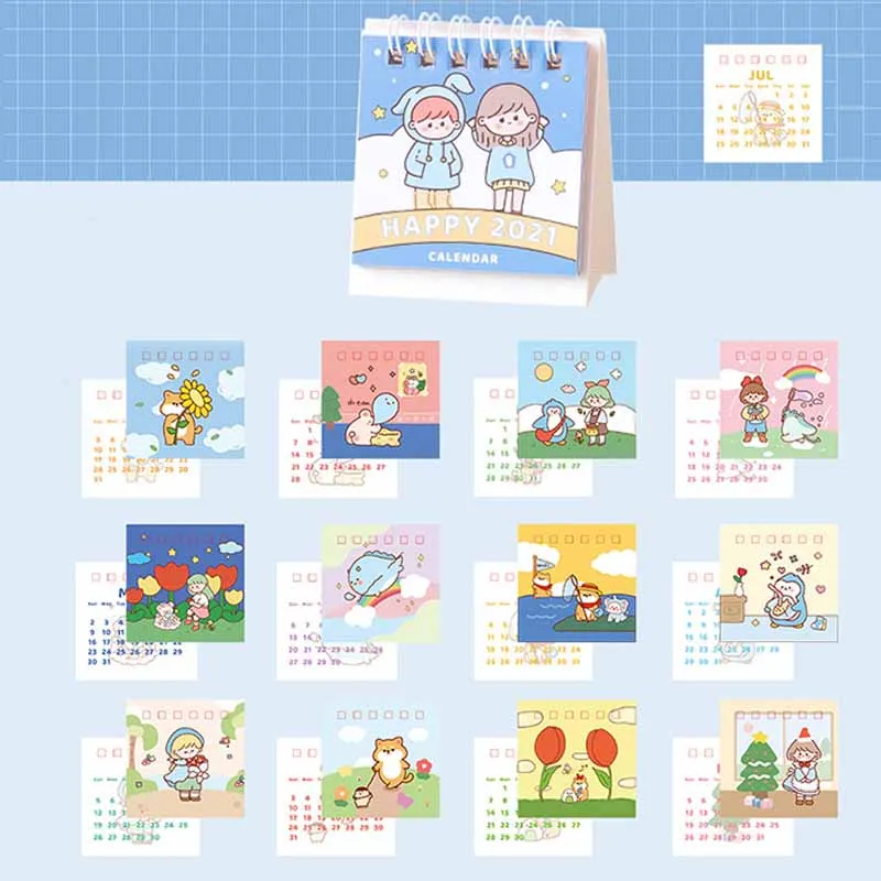 

Coloffice 2021Mini Desk Calendar Cute Monthly Calendar Student Memo Small Multi-function Plan Book Check-in Record 7.5x6.5x3.5cm