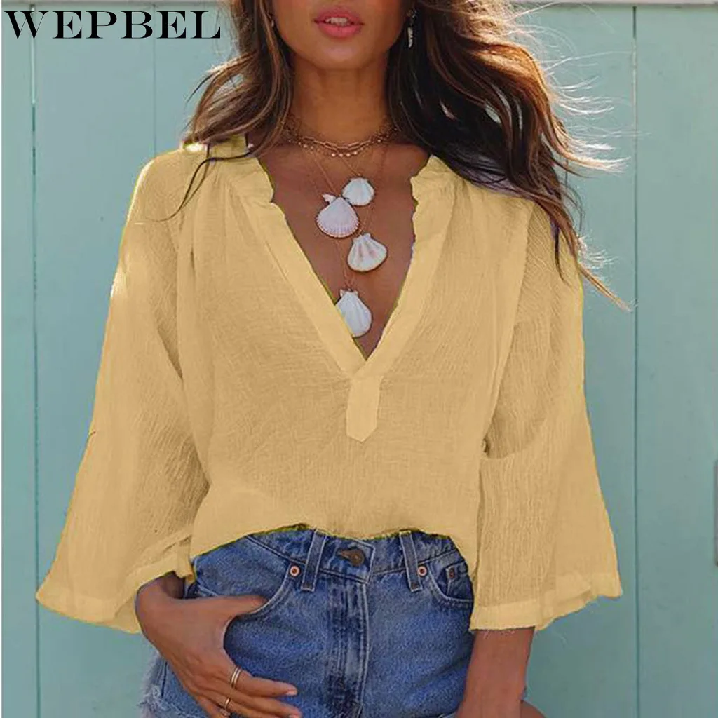 

WEPBEL Fashion Solid Color Shirt Summer Loose Shirt Women's Casual V-neck Three Quarter Sleeve Pullover Shirt