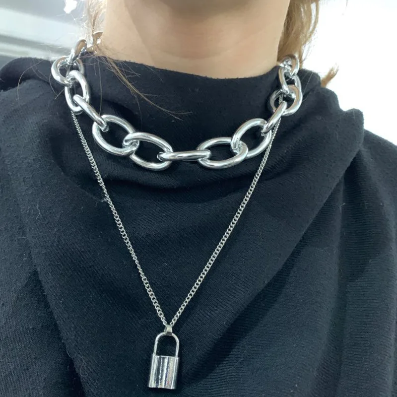 KMVEXO панк Преувеличение колье ожерелье s для женщин большая толстая цепь круглый полый многослойный кулон замок длинное колье, ювелирное изделие