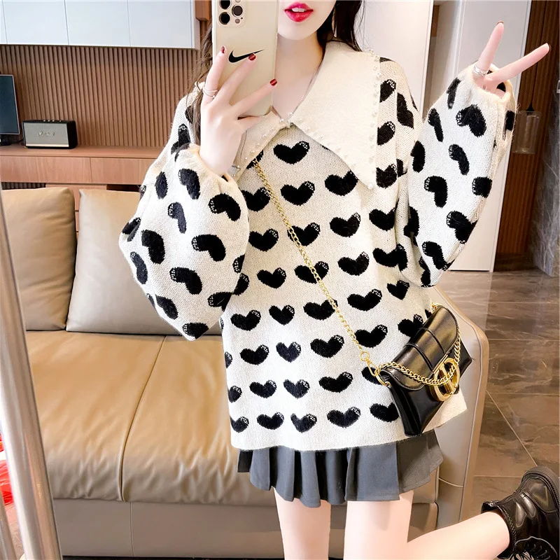 

2022 Autumn And Winter New Navy Neck Pullover Sweater Women Loose Lazy Style Korean Printing Long-sleeved Knitted Top