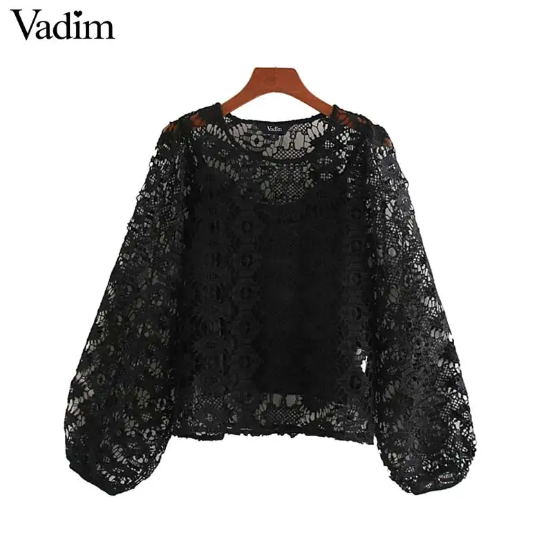 Vadim Женская винтажная Черная кружевная блузка рукав фонарик выдалбливают