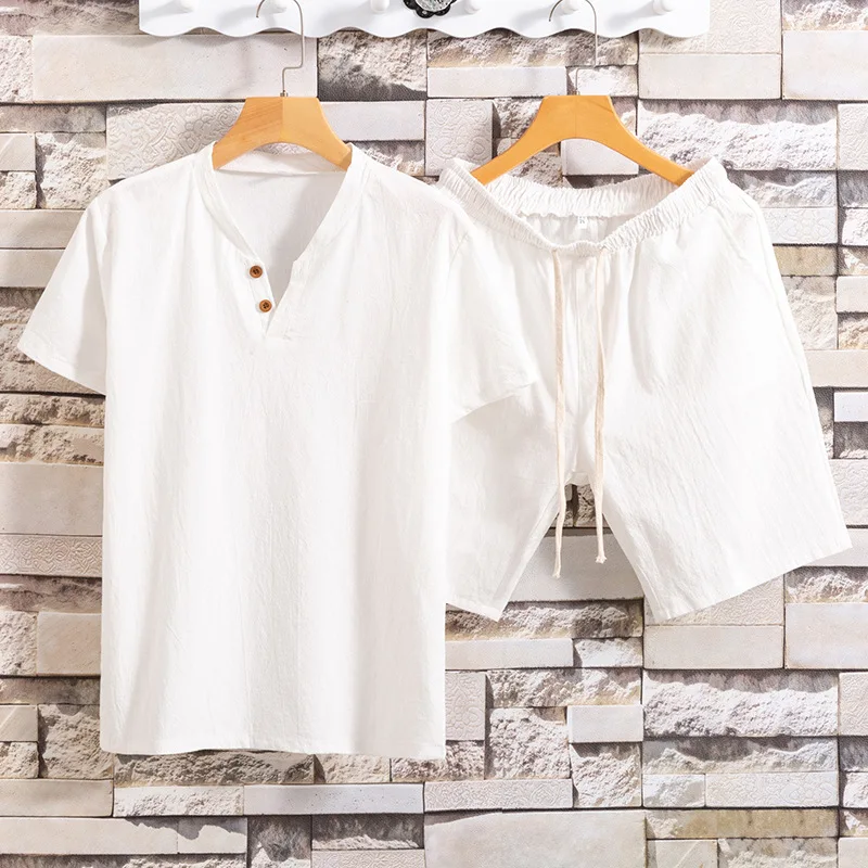 

2021 Summer Men's Sets Solid Color Linen Short Sleeve Button Shirt Casual Beach Shorts Streetwear Casual Men Suits 2 Pieces