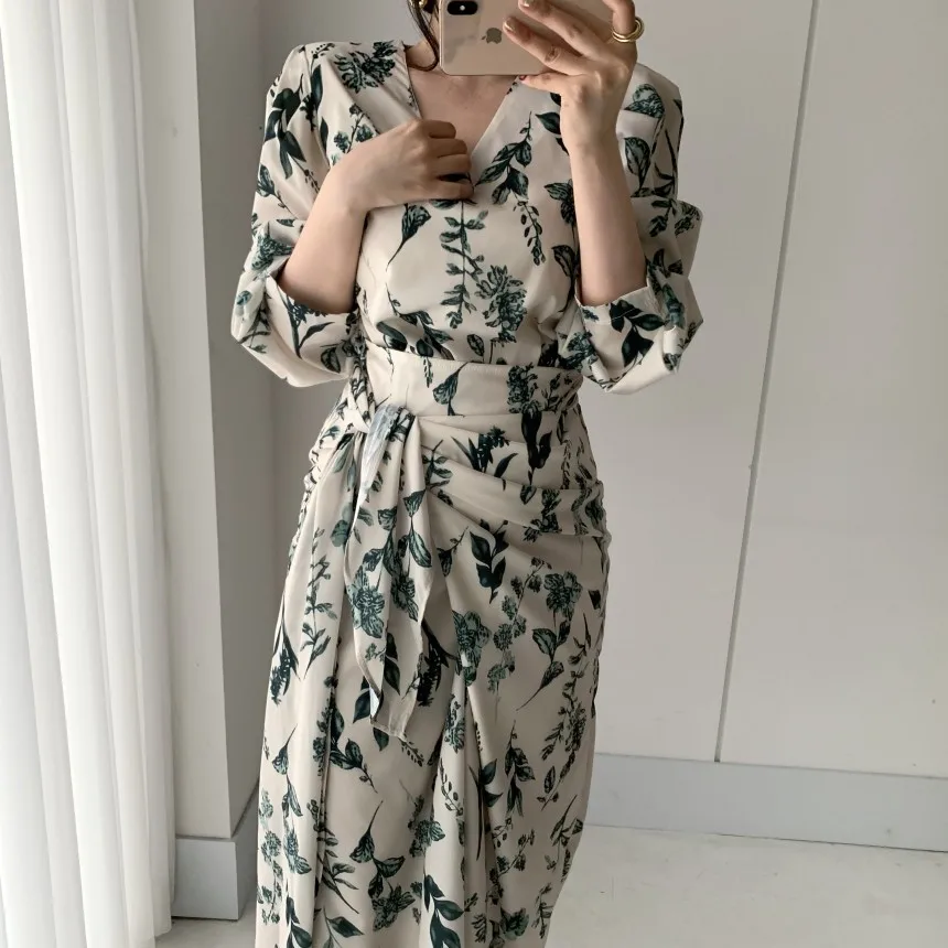 

Elegant V-neck Women Floral Print Midi Dress Fashion Cross Lace Up Vestidos Autumn Long Sleeve Femme Casual Loose Maxi Dress