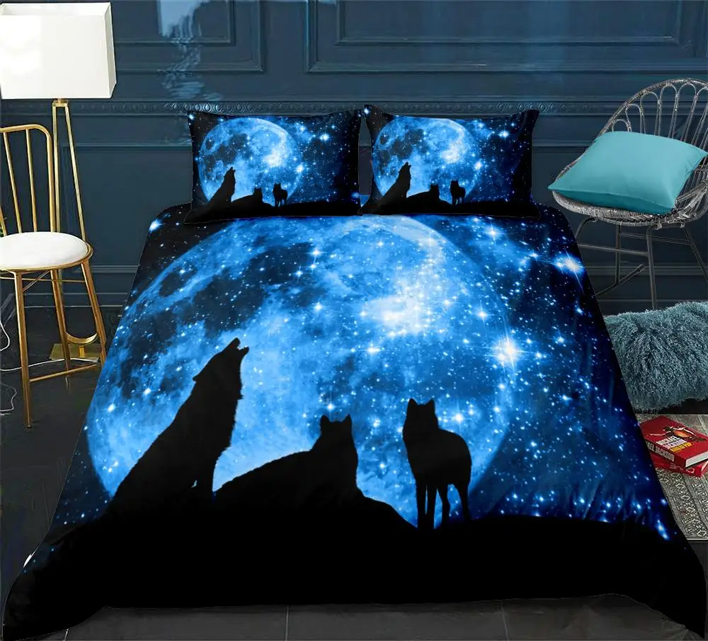 

Wolves Duvet cover set Galaxy Starry sky Bedding set 3pcs Dreamy teen home textiles Dark Blue quilt cover dropship