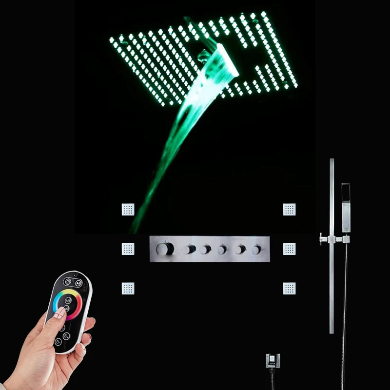 16" LED Bathroom Shower Set Luxury Bathtub Waterfall Panel Rainfall Thermostatic Valve System Showerhead With Sliding Bar