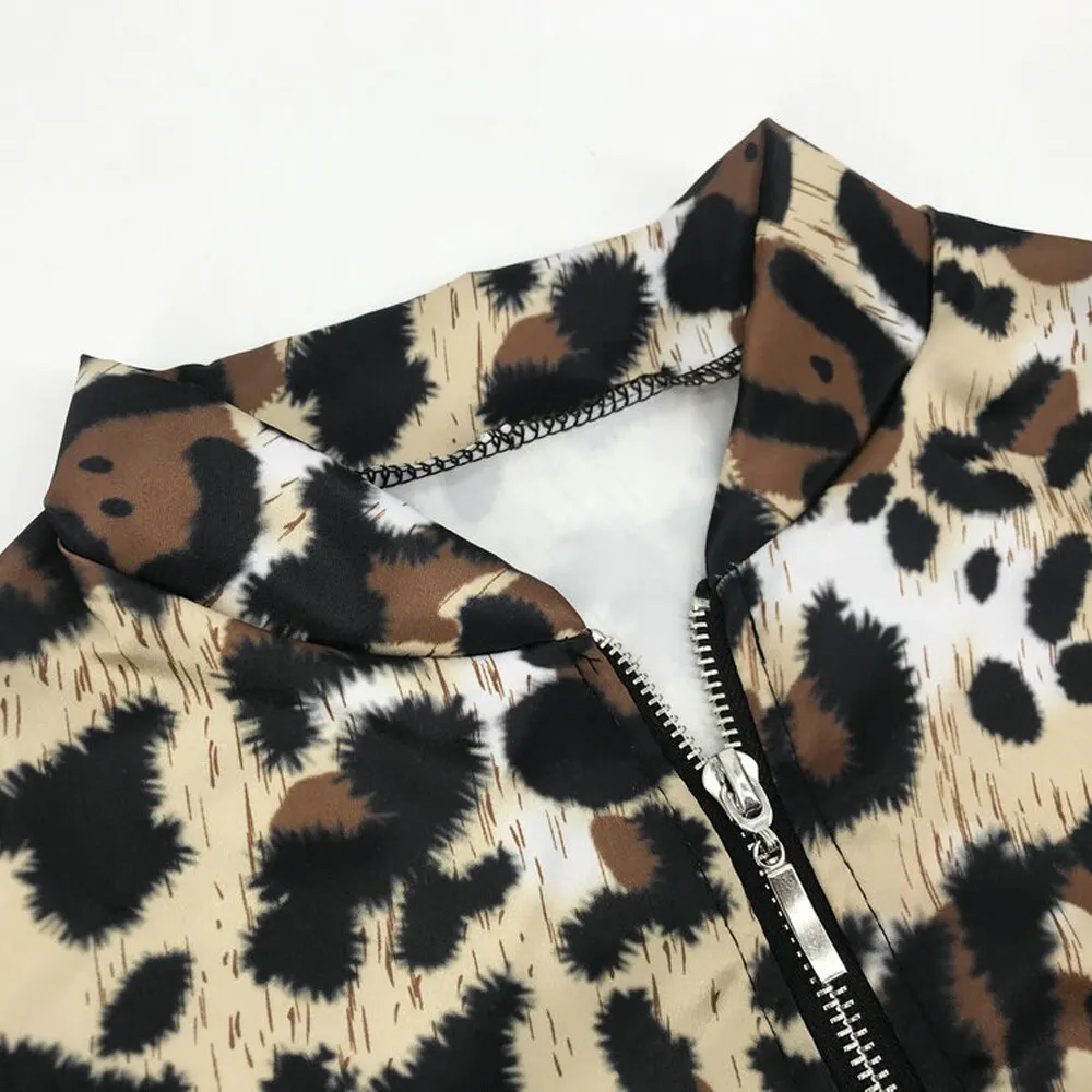 

Fashion Women Long Sleeve Jacket Sweater Casual Ladies Leopard Print Cardigan Zipper Short Outwear Coat Jacket