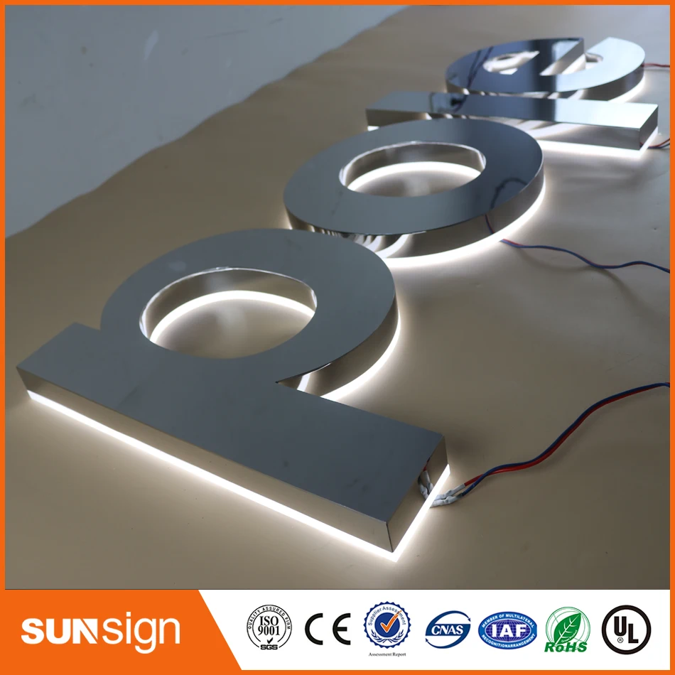 Wholesale metal edge-lit letter stainless steel with acrylic back sliver mirror led signage for shop store mall signs