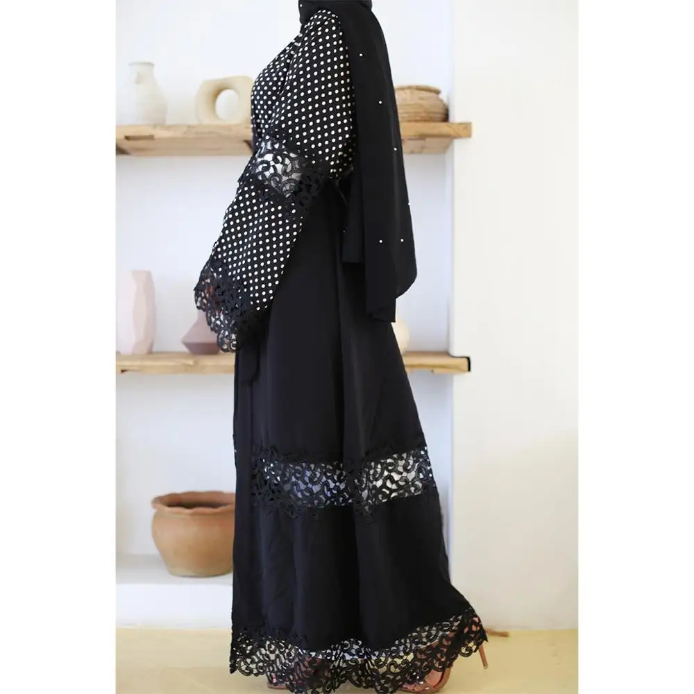 Женский шифоновый кардиган Abaya белый классический кружевной с отстрочкой из