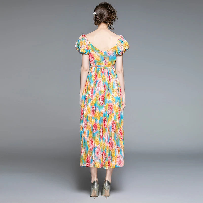 

Summer Chiffon Dress 2021 New Fashion Belted Maxi Long Print V-Neck Beach Dress Vestidos Robe Femme