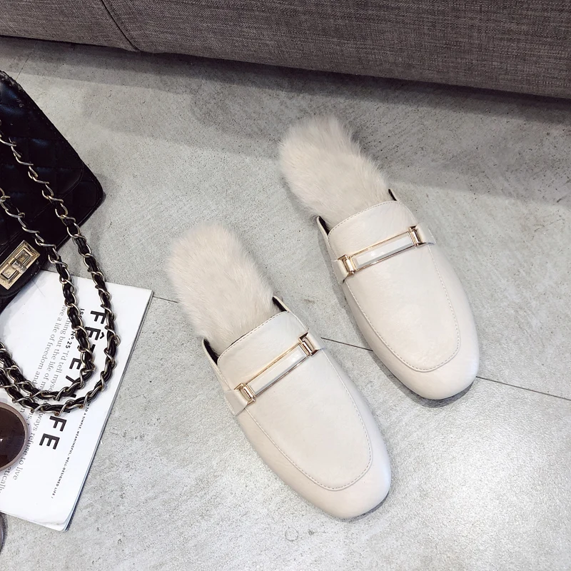 Меховые плюшевые тапочки с металлической пряжкой однотонные кожаные туфли