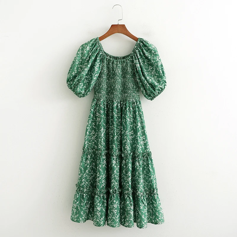 

Hot summer floral print dress short sleeve elastic waist mid-length dress sweet girl party dress