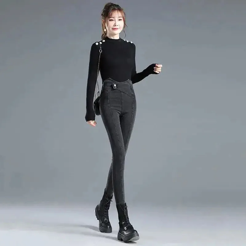 Vintage Blue High Waist Jeans For Women New Side Zipper Slim Skinny Pencil Pants Streetwear Double Breasted Cross Denim Trousers