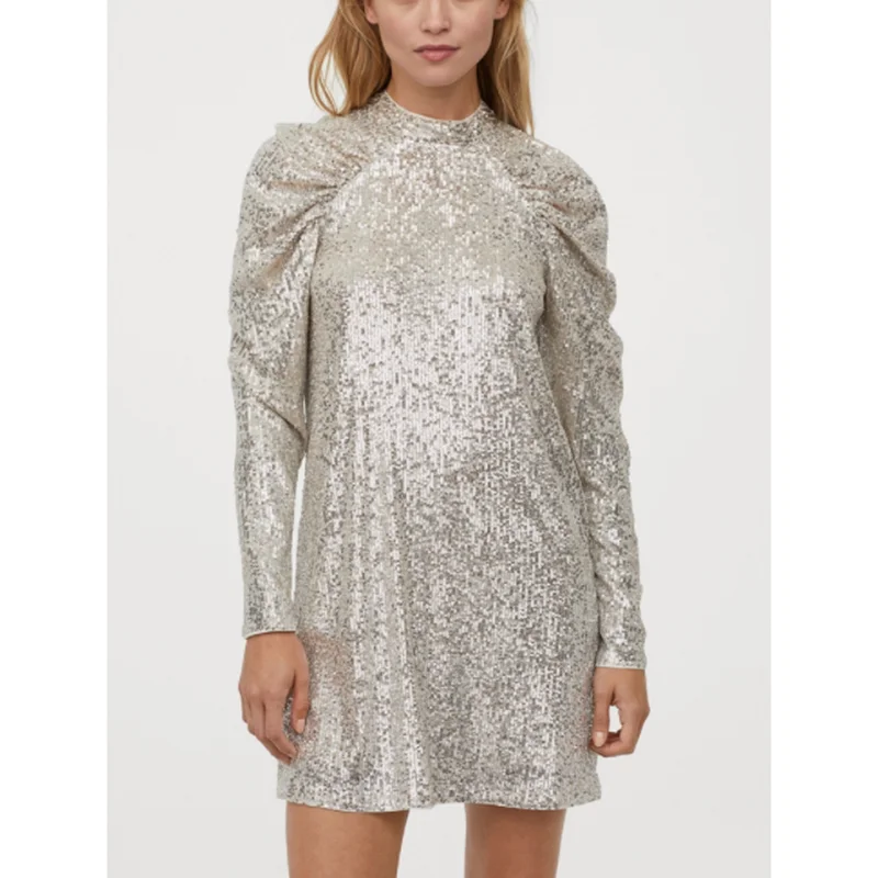 PUWD 2019 Autumn and winter new women's long sleeve fashion style Sequin dress round neck waist short skirt | Женская одежда