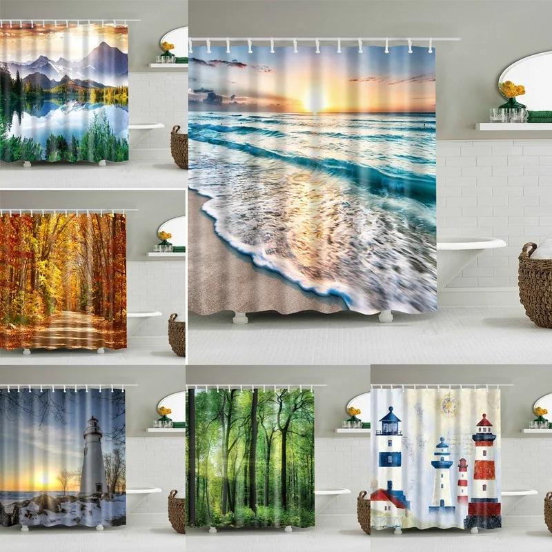 

Beach Trees Scenery Print Shower Curtain Waterproof Bathroom Curtains with 12 Hooks Home Decor Bath Curtains for Bathroom Cover
