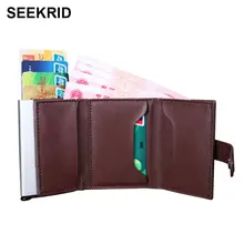 SEEKRID Mens Genuine Leather Credit Card Holder Aluminum Alloy Metal Business ID Cardholder Multifunction Mini Wallet for Men