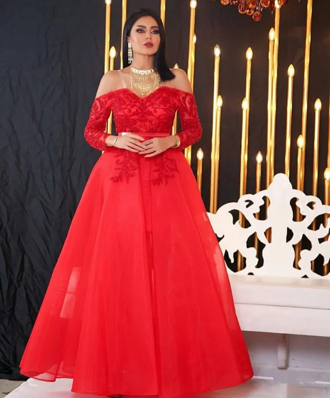

Red Muslim Evening Dresses A-line Long Sleeves Tulle Lace Beaded Dubai Saudi Arabic Long Evening Gown Prom