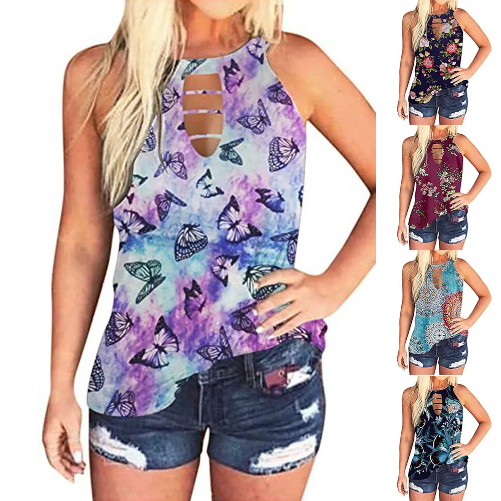 

Printed Floral Spot Blouse new Fashion Summer T-shirt for Ladies Halter Hole Sexy Sleeveless Off-the-shoulder Cool Women Shirts